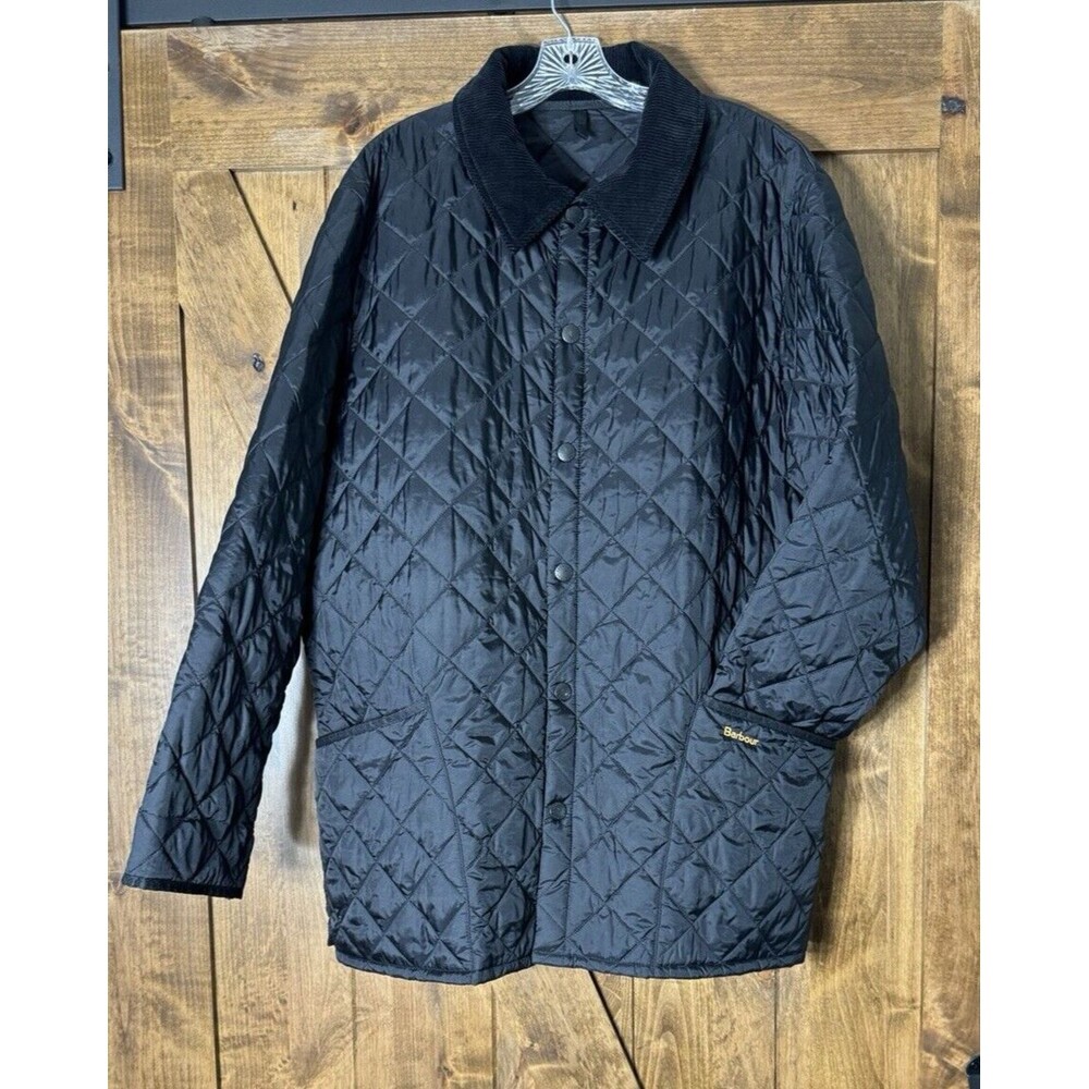 Vintage Barbour Men's Black Liddesdale Quilted Jacket Coat Corduroy Collar XL